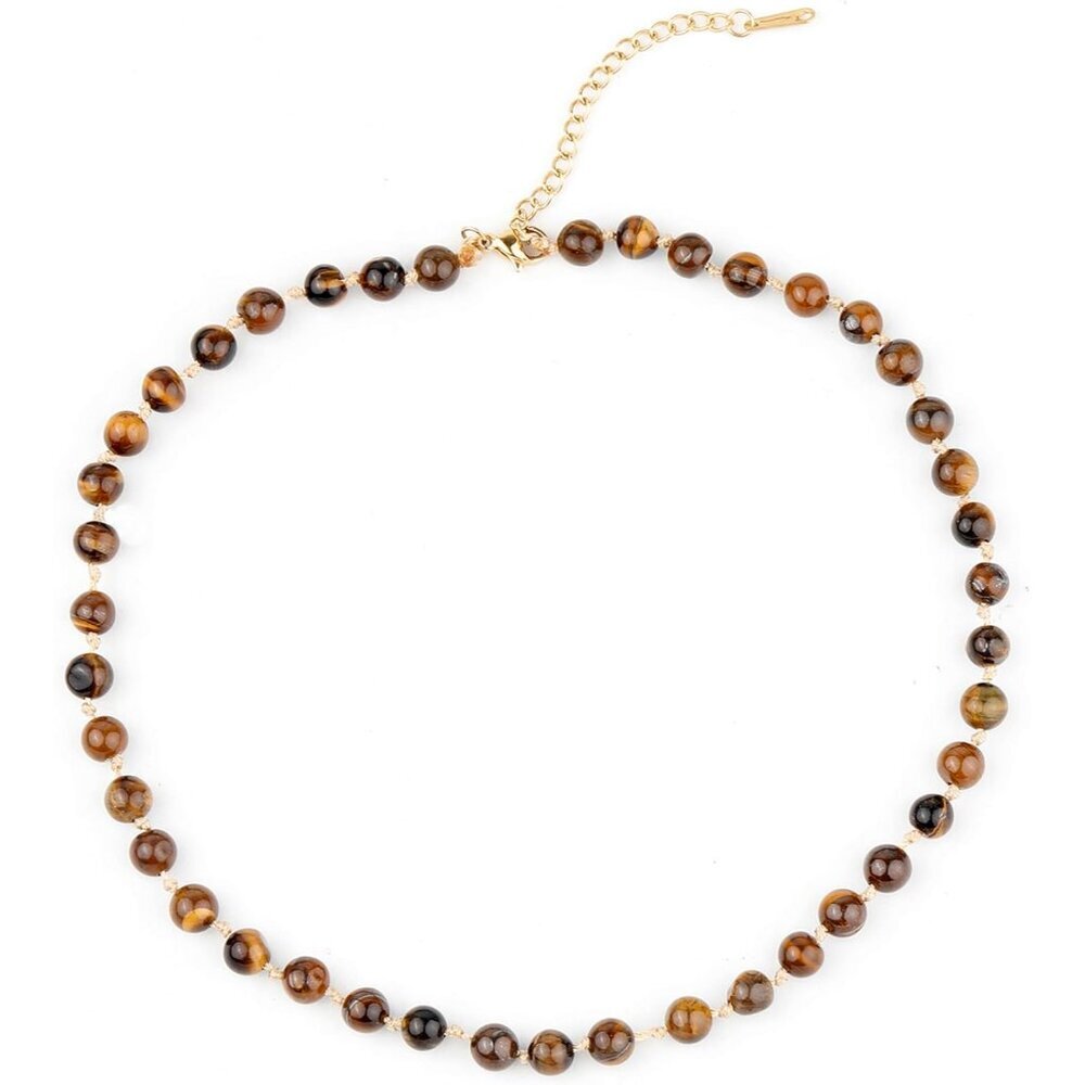 Semi Precious Stone Beaded Choker Necklace 14K Gold Plated Natural Stone Double